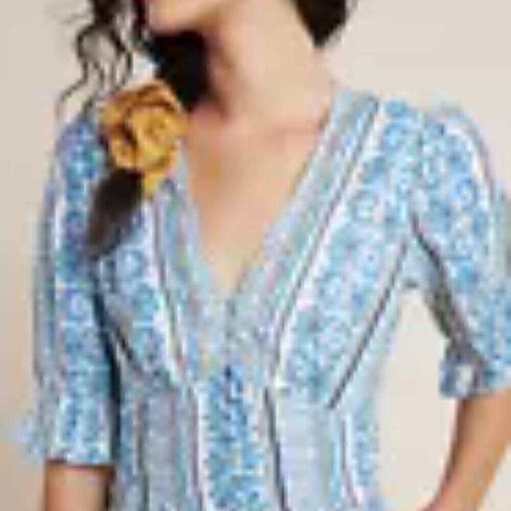 Farm Rio - Shorts Romper, Linen Blend - Size M - Blue, 3/4 sleeve Vacation - Picture 2 of 3